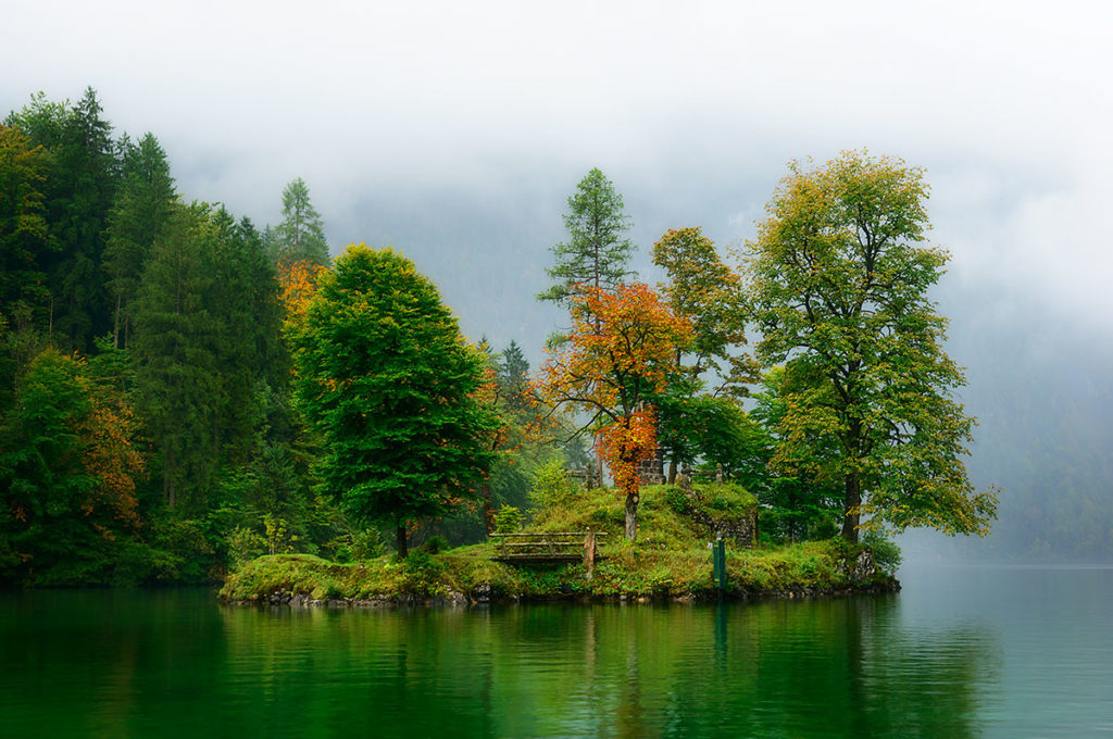 Closeup photo of the Island of Christlieger, Konigssee, Bavaria, Germany