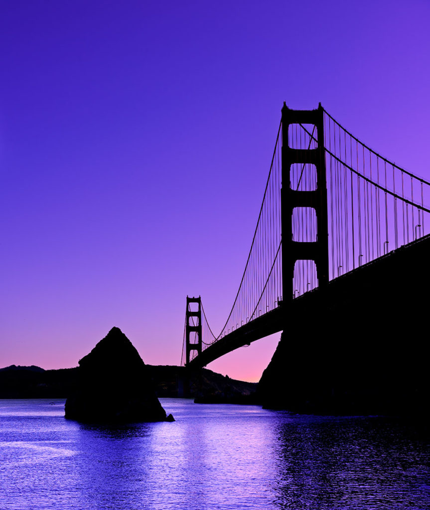 Photo of the Golden Gate Bridge at sunset from Horseshoe Bay, Marin County, by visionbypixels.com